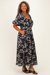 Black Floral Puff Sleeve Smocked Waist Plus Midi Dress