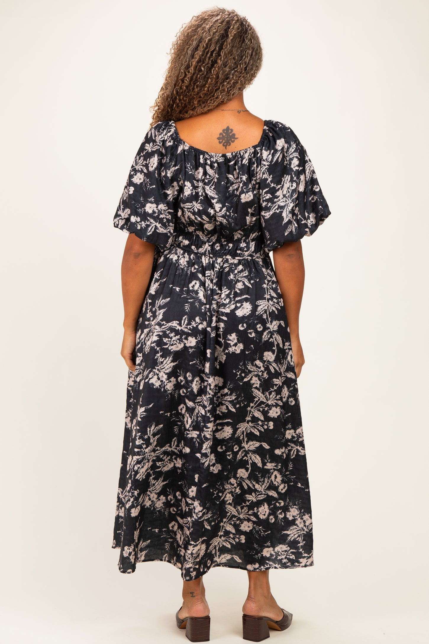 Black Floral Puff Sleeve Smocked Waist Plus Midi Dress