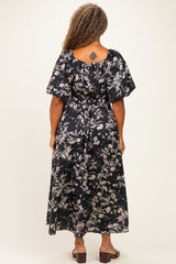 Black Floral Puff Sleeve Smocked Waist Plus Midi Dress