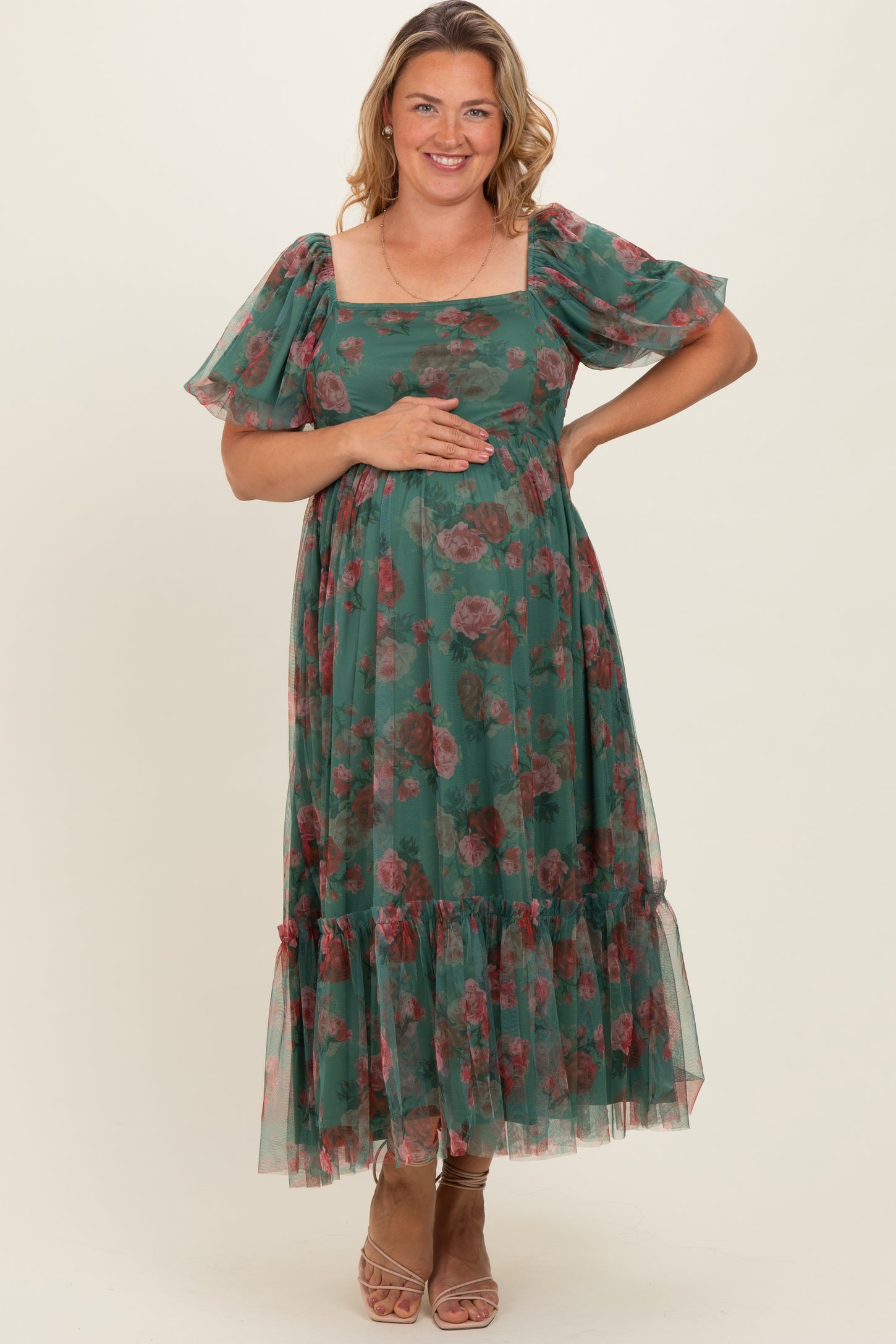 Forest Green Rose Print Tulle Overlay Maternity Plus Midi Dress