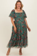 Forest Green Rose Print Tulle Overlay Maternity Plus Midi Dress