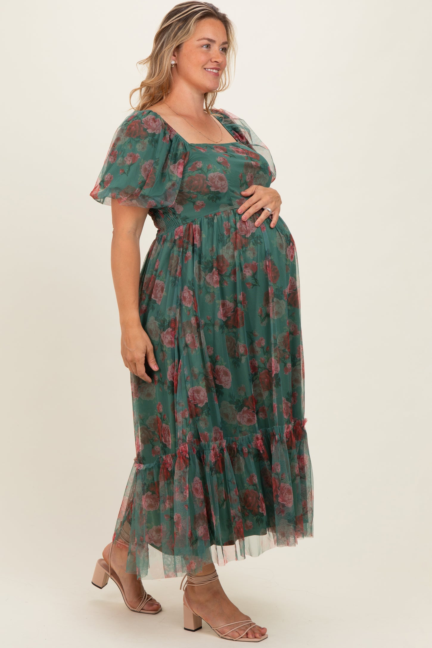 Forest Green Rose Print Tulle Overlay Maternity Plus Midi Dress