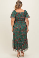 Forest Green Rose Print Tulle Overlay Maternity Plus Midi Dress