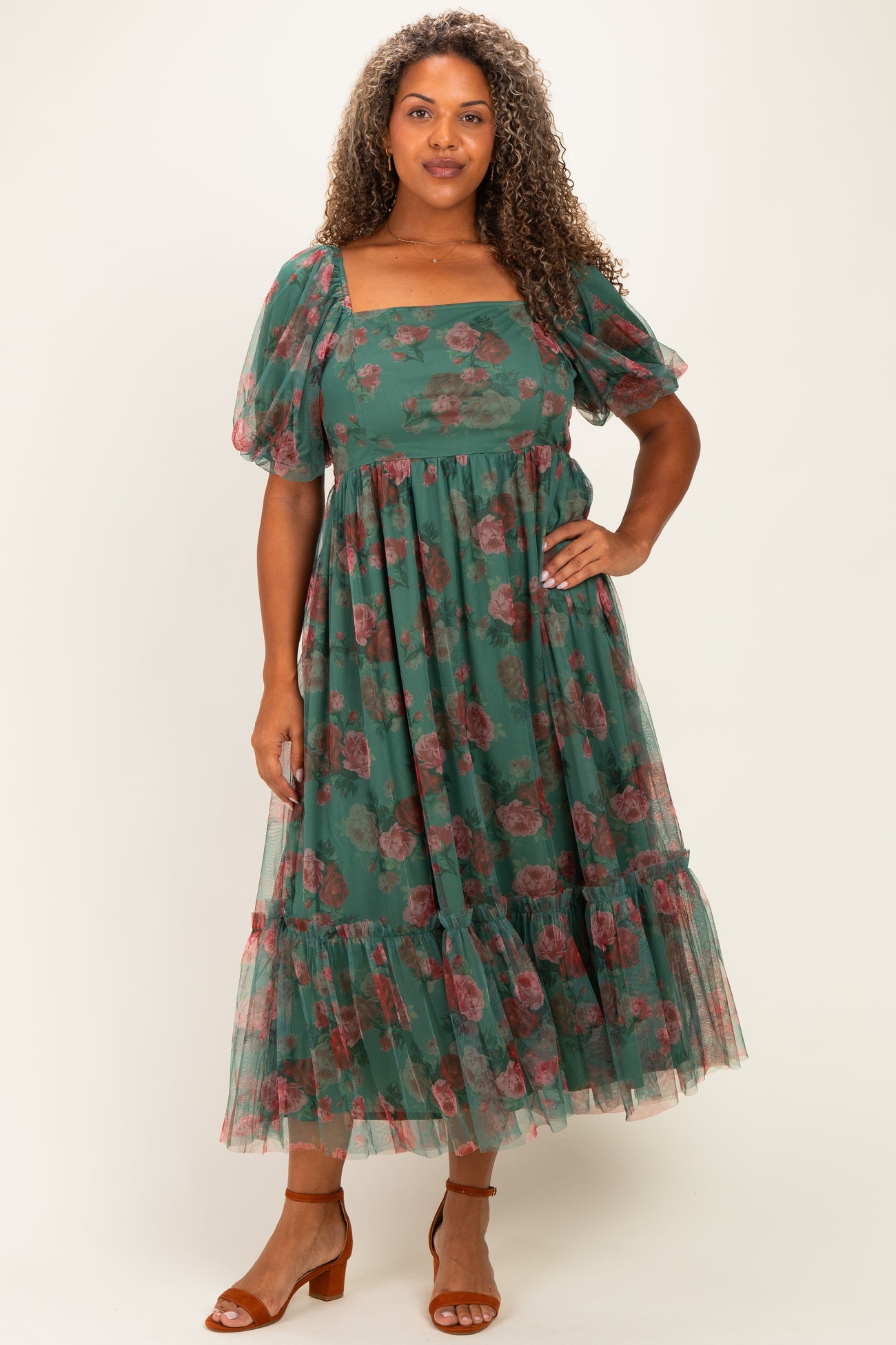 Forest Green Rose Print Tulle Overlay Maternity Plus Midi Dress