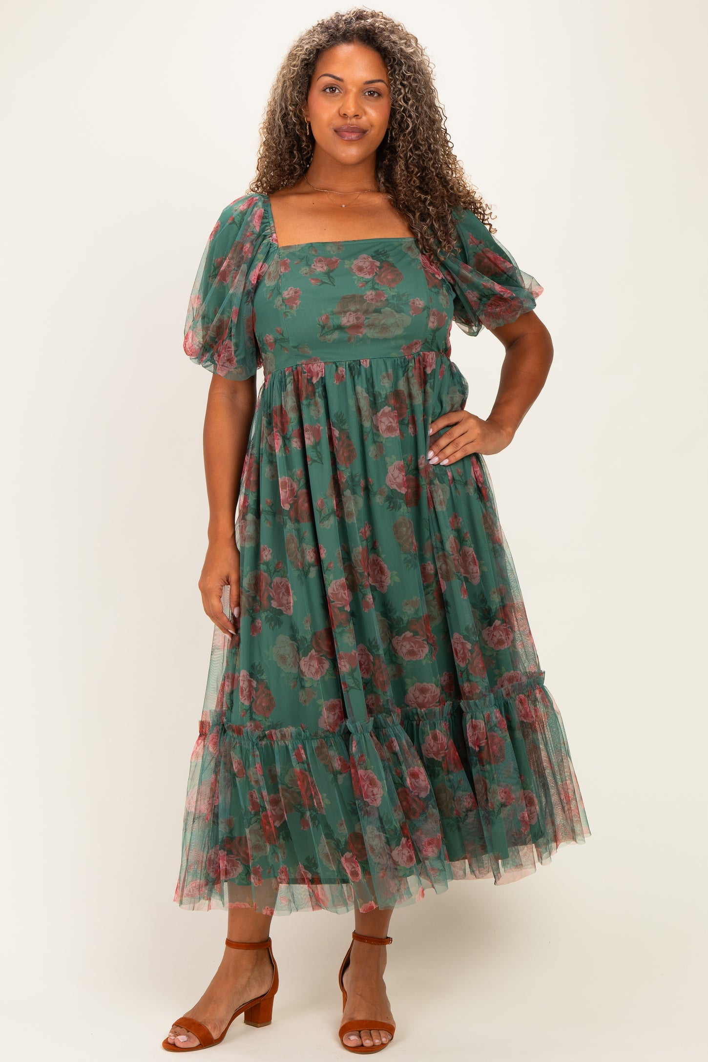 Forest Green Rose Print Tulle Overlay Maternity Plus Midi Dress