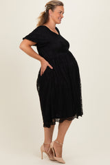 Black Lace Sweetheart Neck Short Sleeve Maternity Plus Midi Dress