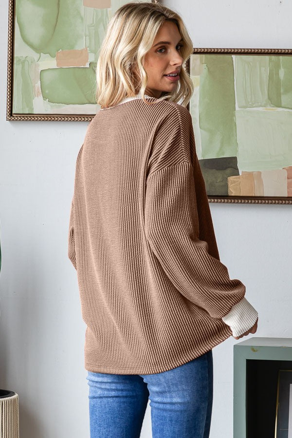 Brown Textured Rib Relaxed Fit Pullover Top