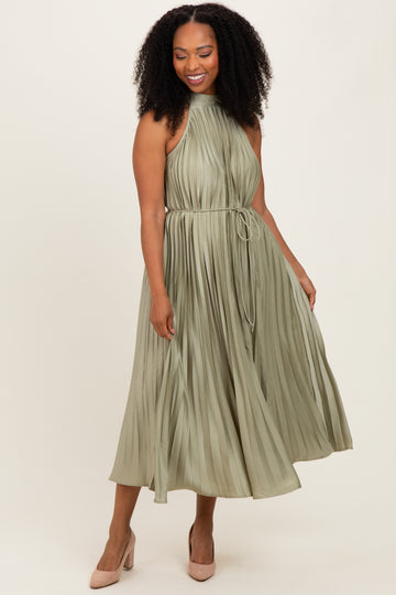 Light Olive Pleated Halter Dress