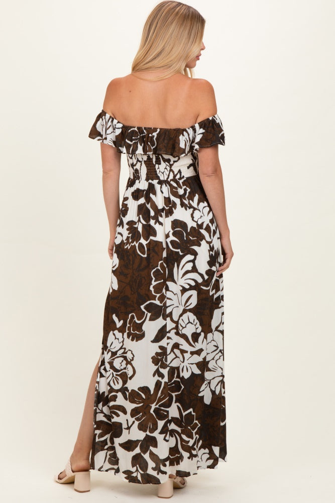 Brown Floral Ruffle Off Shoulder Maxi Dress