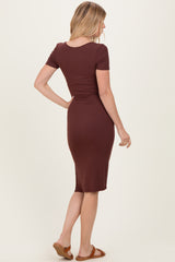Brown Square Neck Side Slit Midi Dress