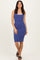 woman wearing a fitted blue ribbed midi dress with spaghetti straps and a scoop neckline