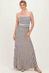 Oatmeal Striped Strapless Maxi Dress
