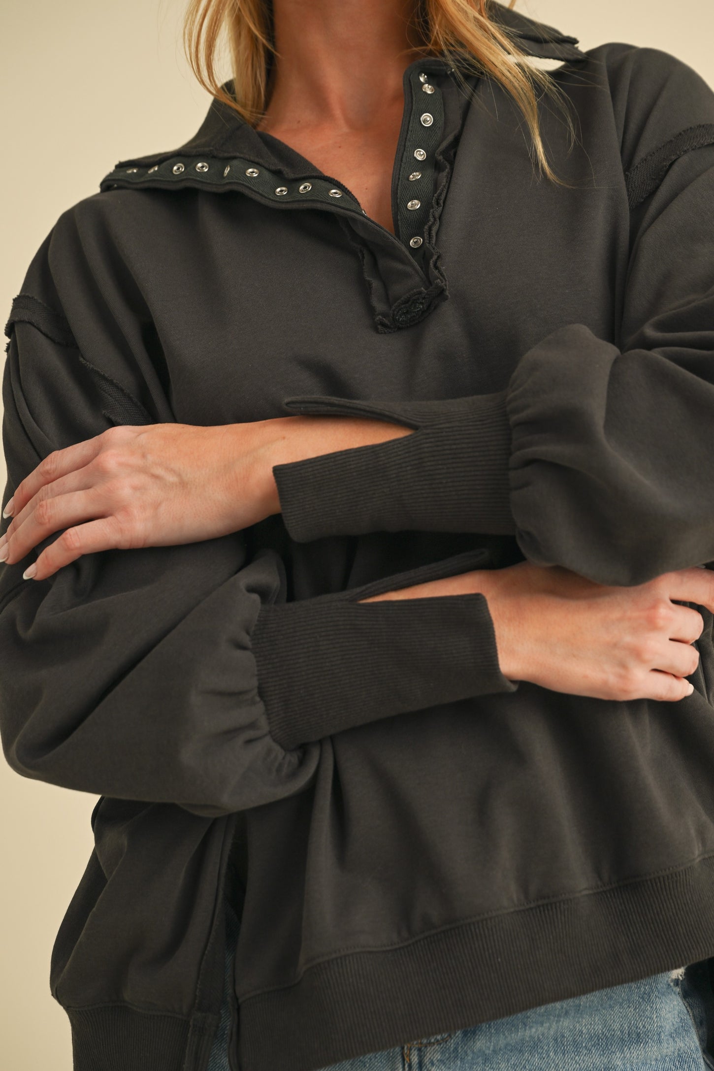 Charcoal Snap Button Pullover Henley Sweatshirt