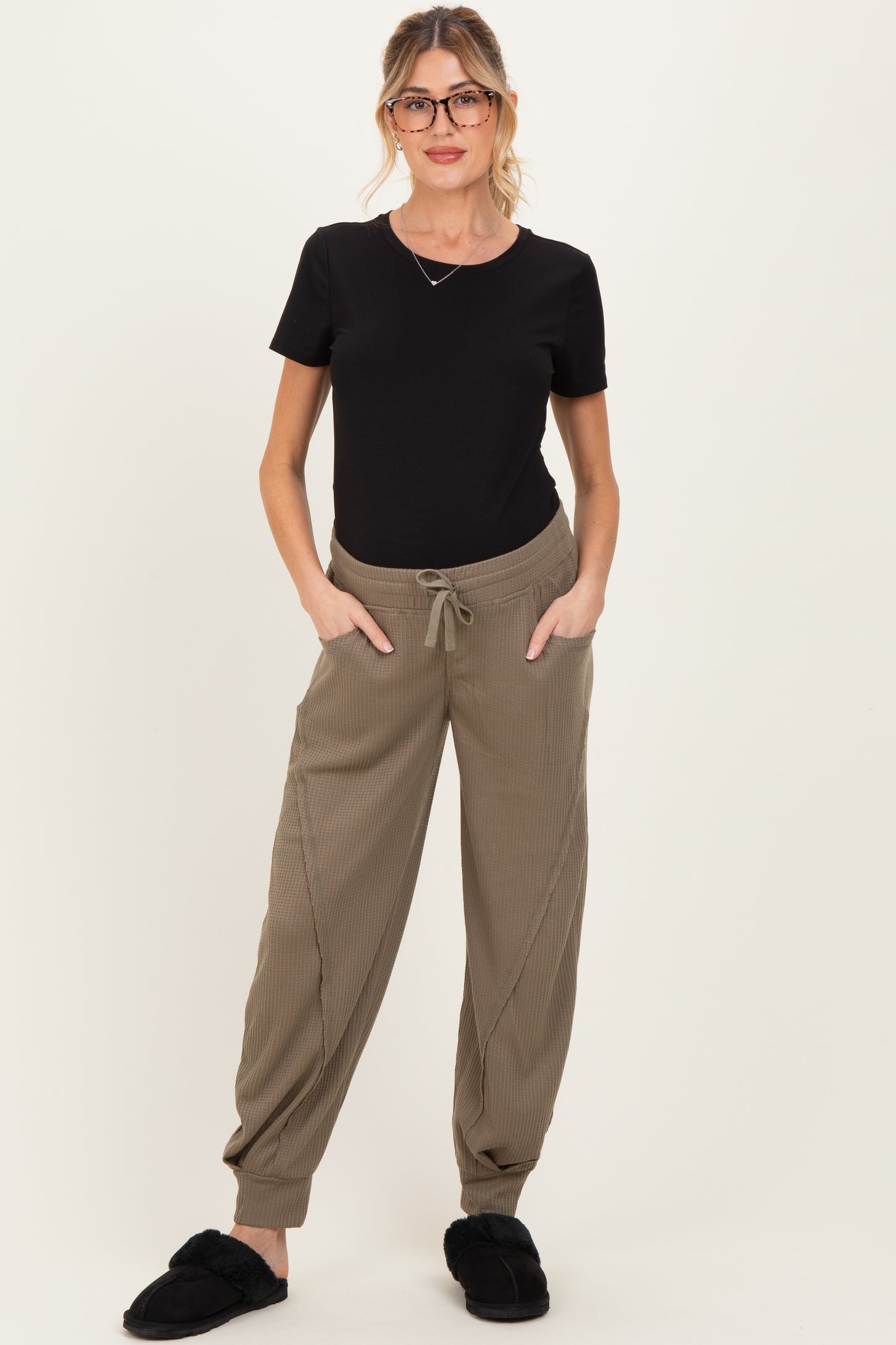 Olive Waffle Knit Raw Seam Maternity Joggers
