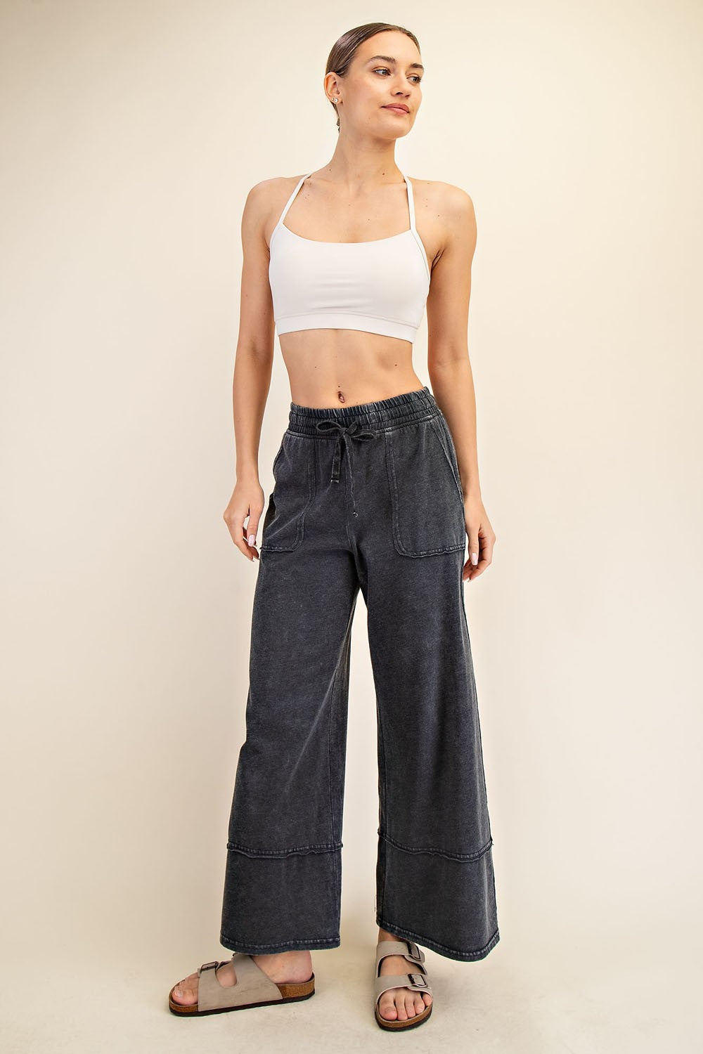 Black Mineral Wash Wide Leg Ankle Pants