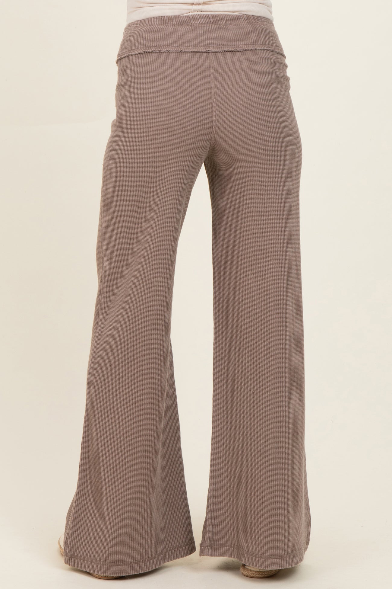 maternity wear light brown ribbed wide-leg pants viewed from the back