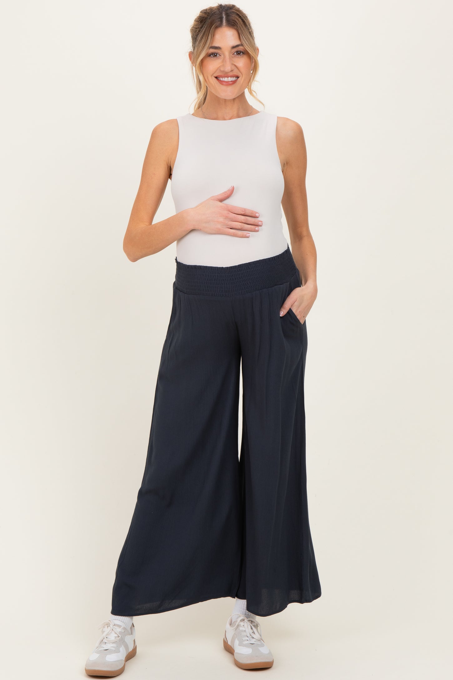 Navy Smocked Waist Ankle Wide Leg Maternity Pants