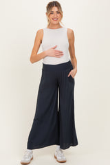Navy Smocked Waist Ankle Wide Leg Maternity Pants