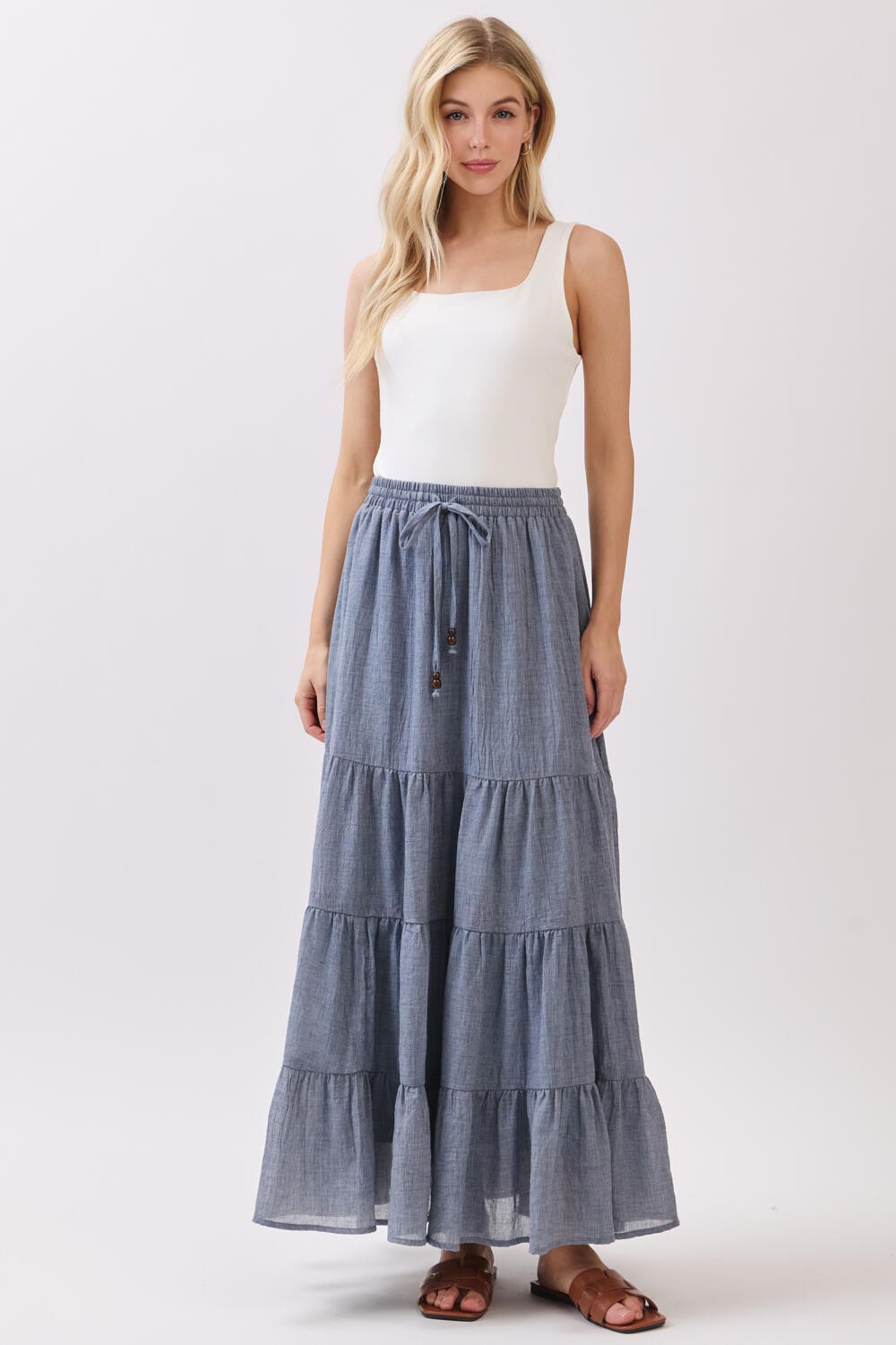 Denim Blue Tiered Drawstring Maternity Maxi Skirt