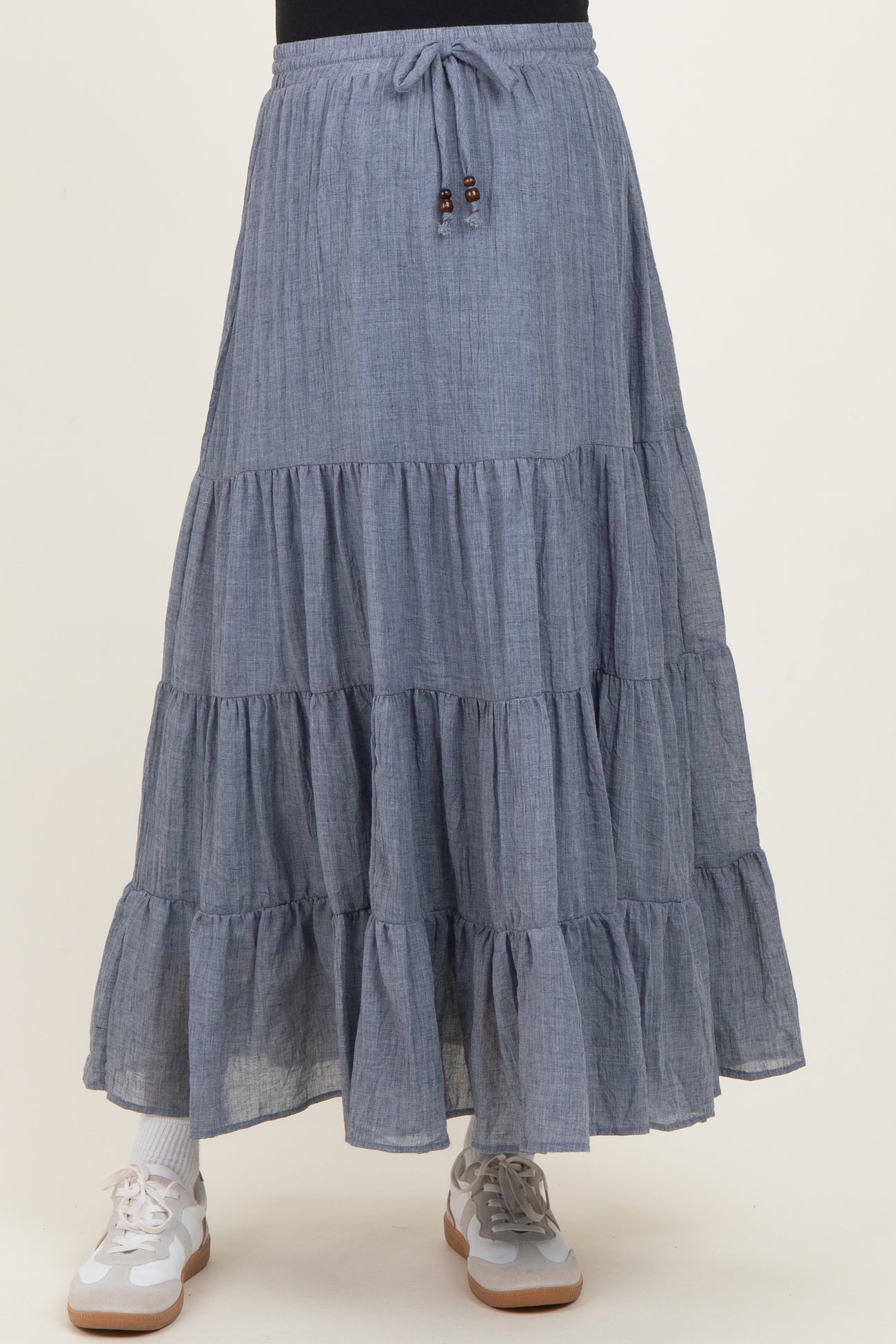 Denim Blue Tiered Drawstring Maternity Maxi Skirt