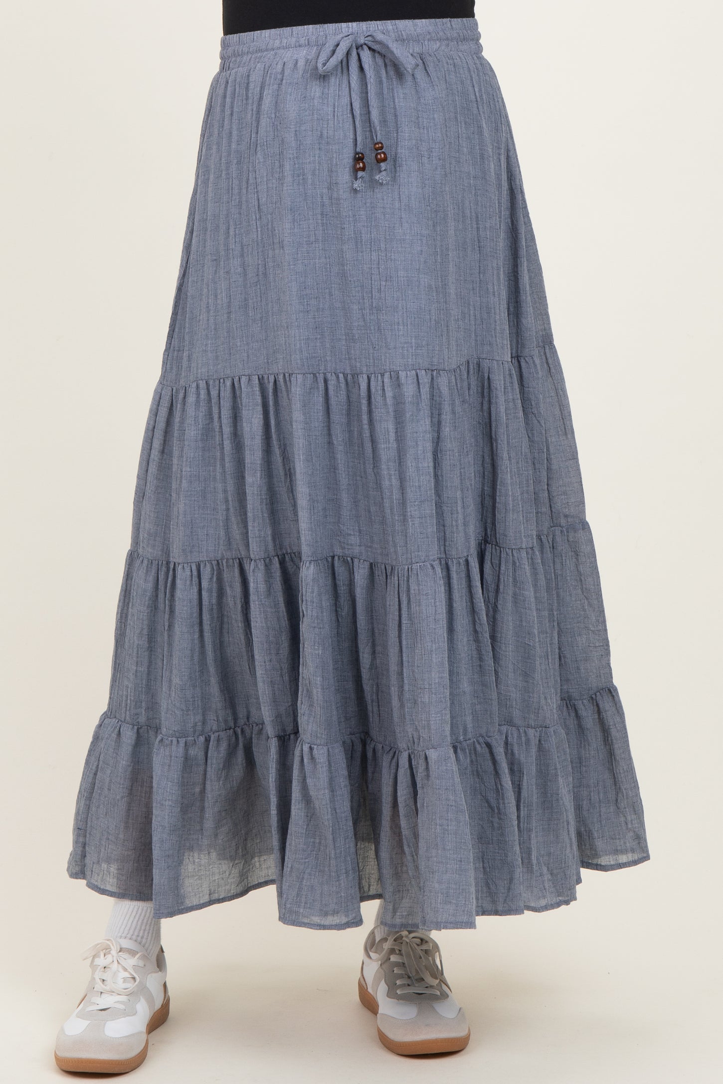 Denim Blue Tiered Drawstring Maternity Maxi Skirt