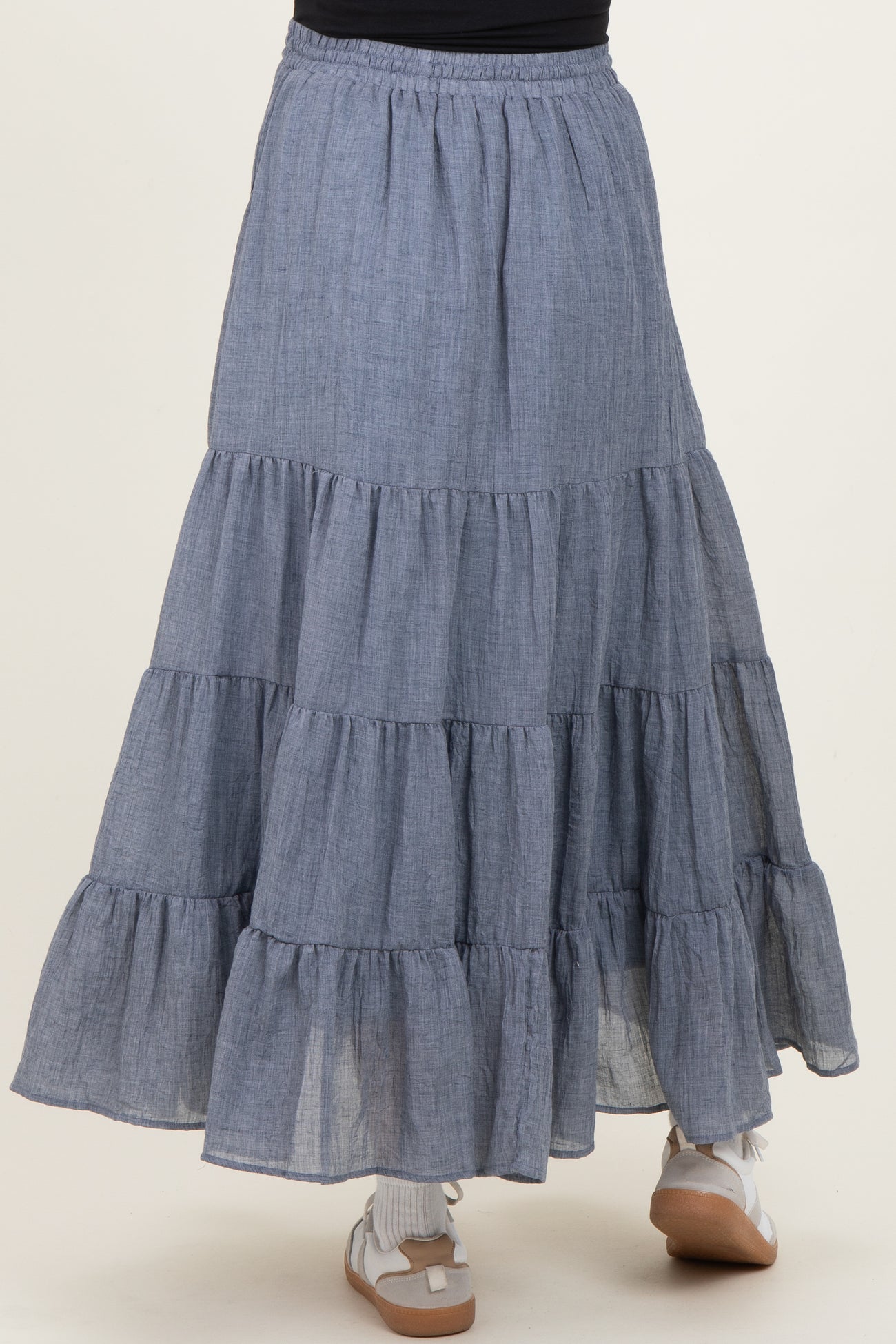 Denim Blue Tiered Drawstring Maternity Maxi Skirt