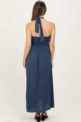 Navy Halter Neck Side Slit Maternity Midi Dress