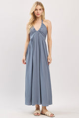 Dusty Blue Halter Neck Side Slit Midi Dress