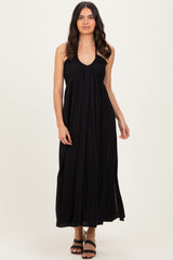 Black Halter Neck Side Slit Maternity Midi Dress