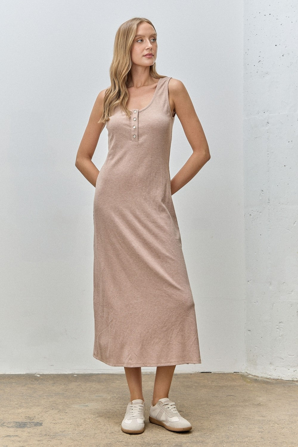 Light Tan Ribbed Knit Midi Tank Dress