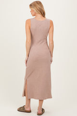 Light Tan Ribbed Knit Maternity Midi Tank Dress