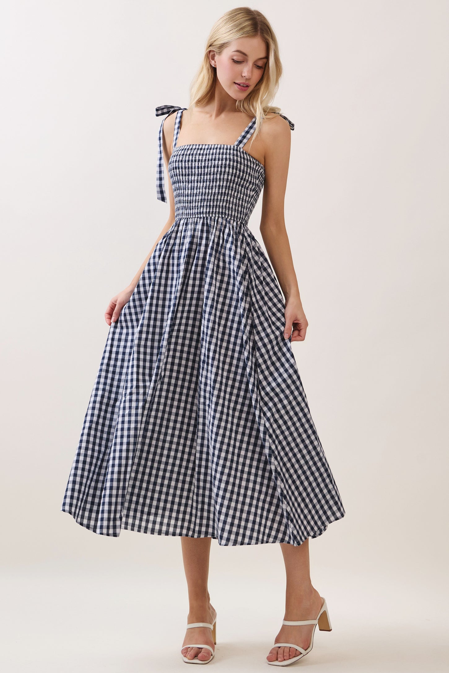 Navy Gingham Smocked Shoulder Tie Maternity Midi Dress