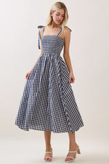 Navy Gingham Smocked Shoulder Tie Maternity Midi Dress