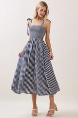 Navy Gingham Smocked Shoulder Tie Maternity Midi Dress