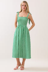 Green Gingham Smocked Shoulder Tie Maternity Midi Dress