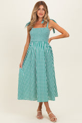 Green Gingham Smocked Shoulder Tie Maternity Midi Dress