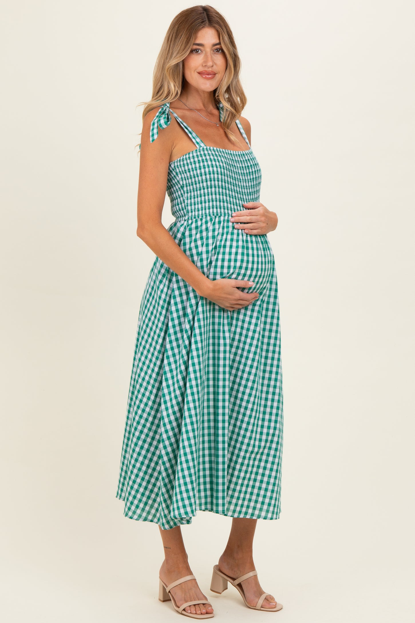 Green Gingham Smocked Shoulder Tie Maternity Midi Dress