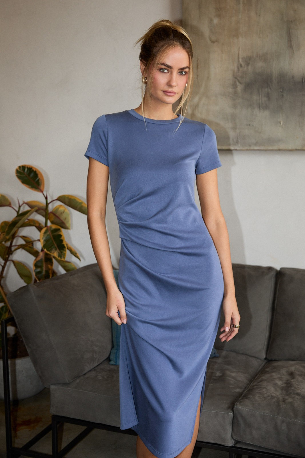 Dark Blue Gathered Waist Maternity Midi Dress