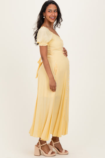 Lemon Button Down Ruffle Trim Maternity Maxi Dress
