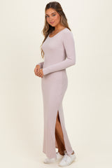 Oatmeal Ribbed Long Sleeve Side Slit Maternity Maxi Dress