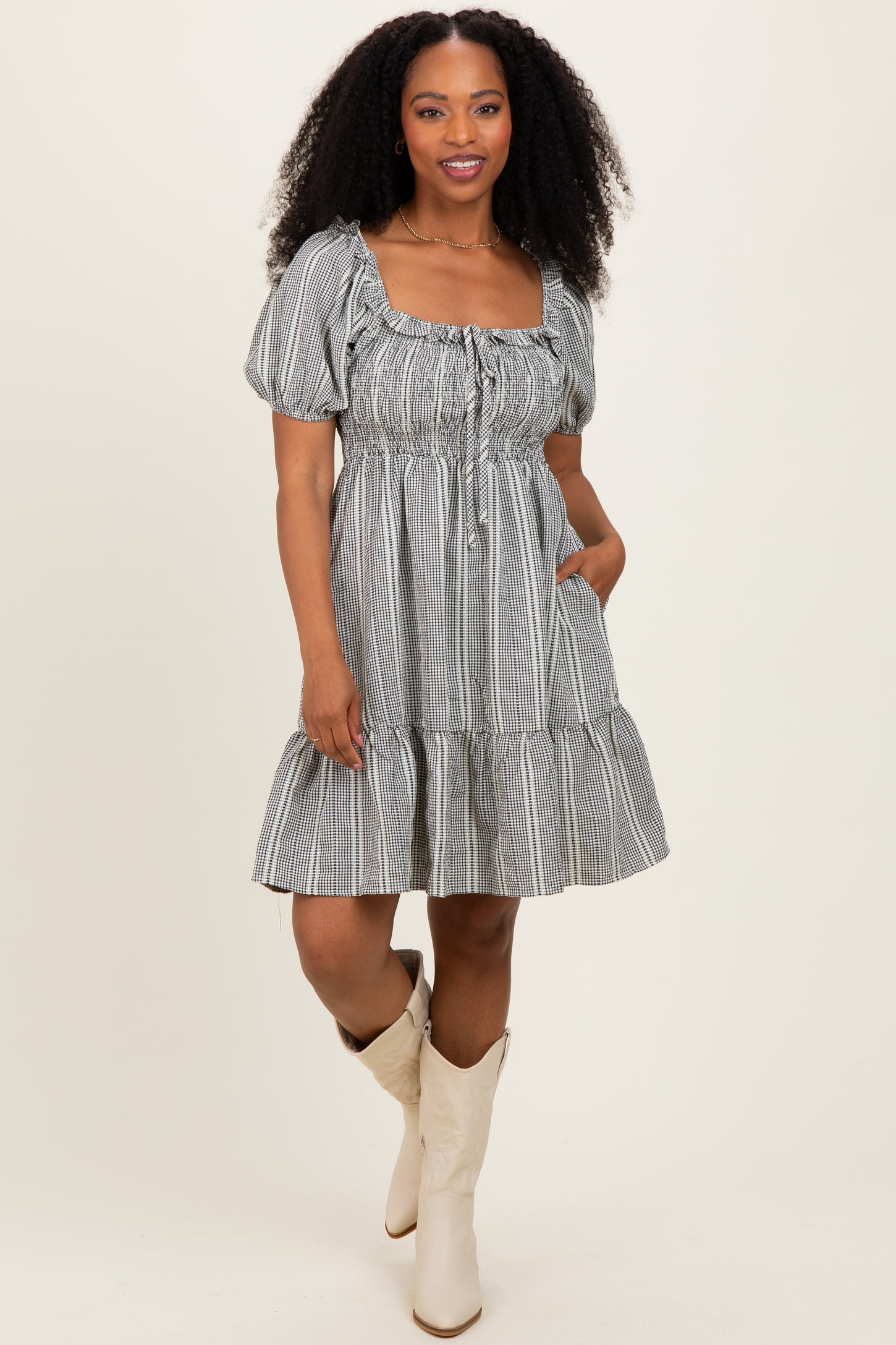 Black Gingham Smocked Ruffled Puff Sleeve Maternity Dress