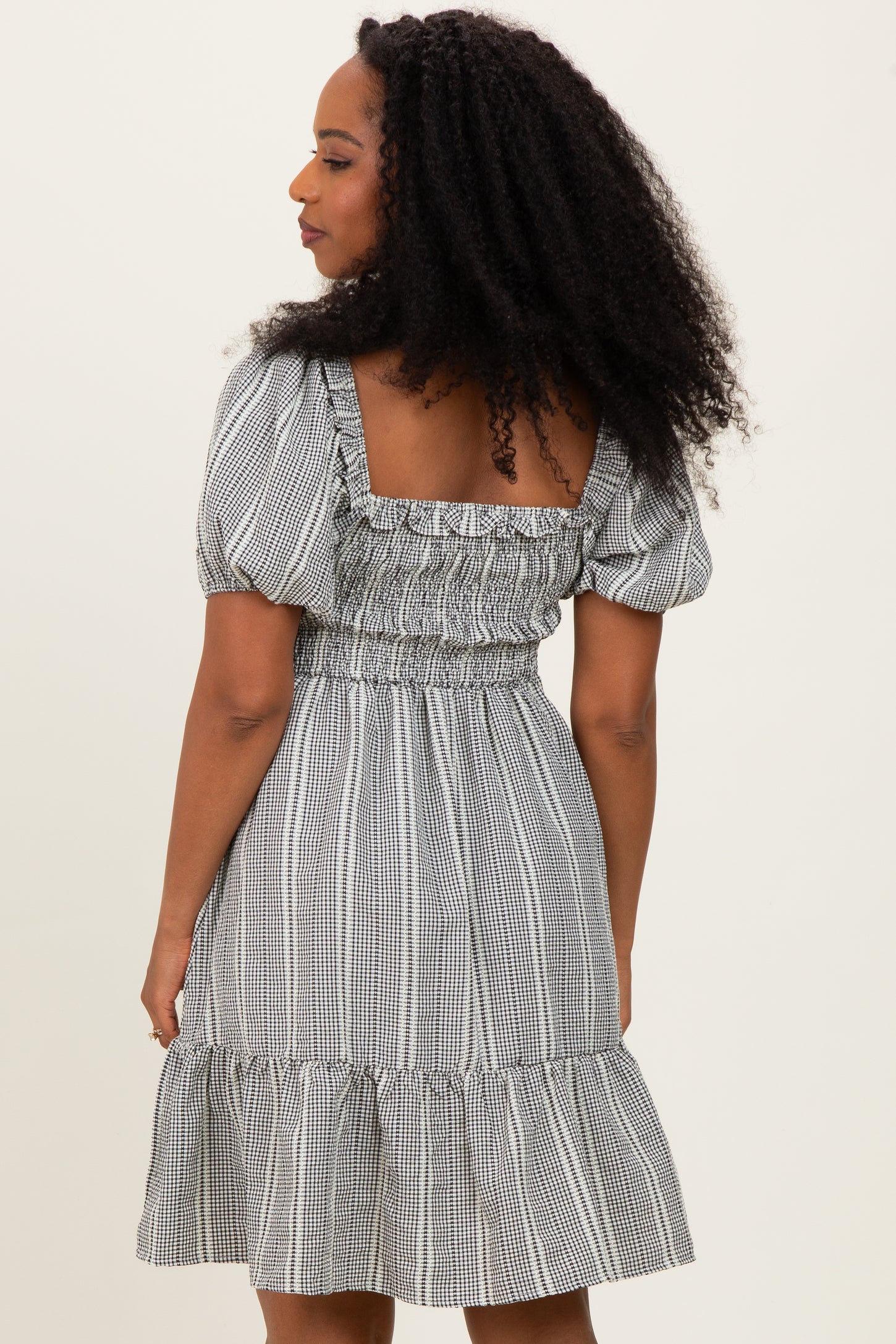Black Gingham Smocked Ruffled Puff Sleeve Dress