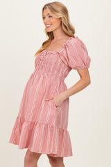 Red Gingham Smocked Ruffled Puff Sleeve Maternity Dress