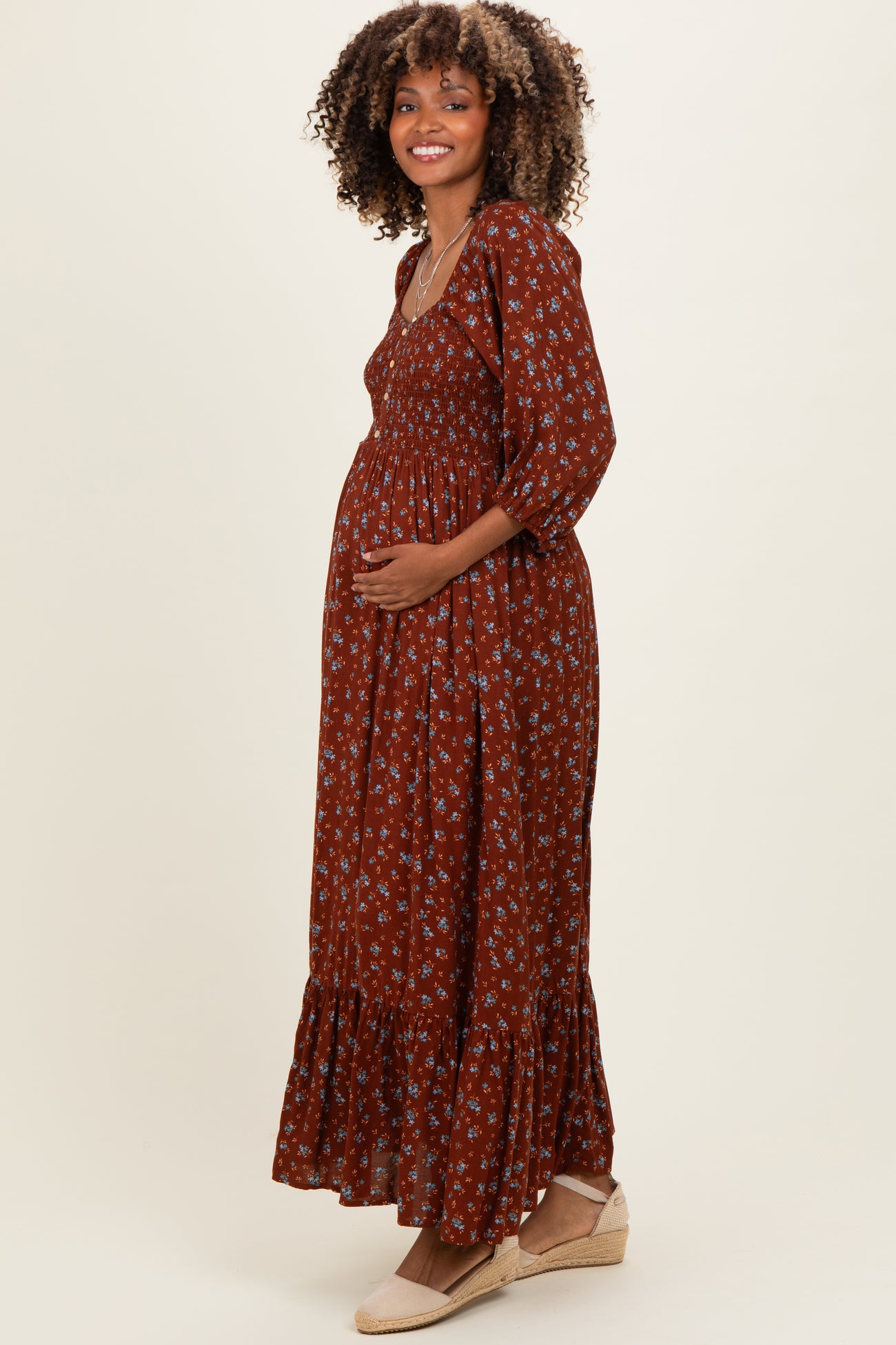 Mahogany Floral Smocked Button Accent Maternity Maxi Dress