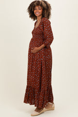 Mahogany Floral Smocked Button Accent Maternity Maxi Dress