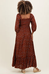 Mahogany Floral Smocked Button Accent Maternity Maxi Dress