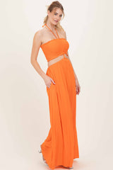 Orange Smocked Drawstring Halter Side Cutout Jumpsuit