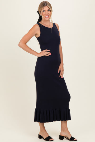Navy Ribbed Knit Sleeveless Ruffle Hem Maxi Dress