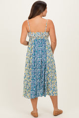 Blue Colorblock Floral Tie Front Maternity Midi Dress