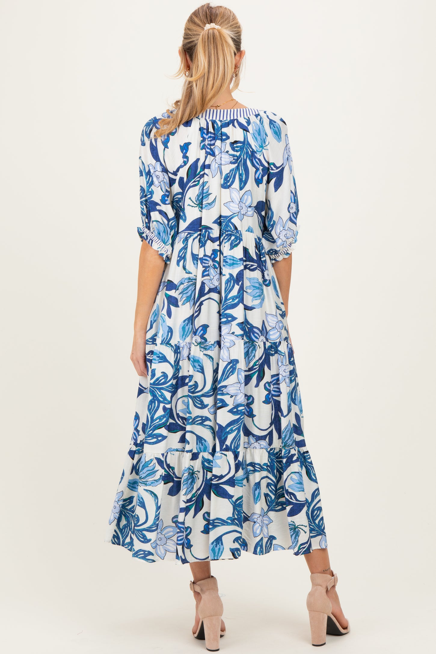 Navy Tropical Floral Tiered Maternity Midi Dress
